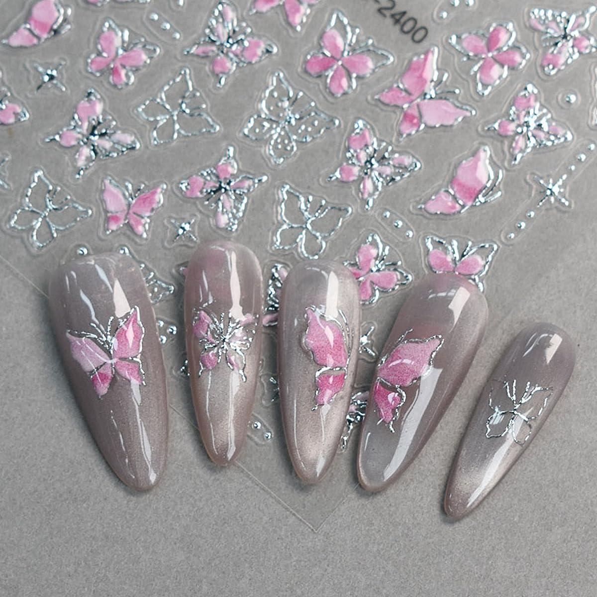 5D Butterfly Nail Stickers 6 Sheets Embossed Butterfly Nail Decals Pink Purple Self Adhesive Nail Art Stickers for Gel/Acrylic N