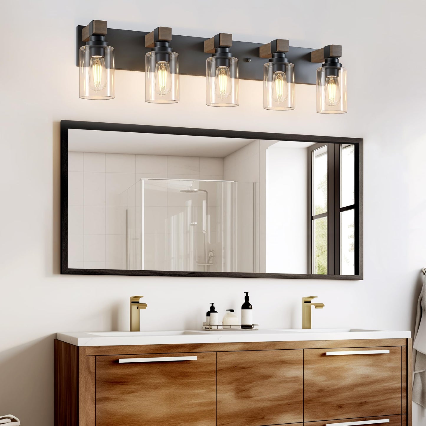 Farmhouse Bathroom Vanity Light Fixtures  Rustic 5-Light Wood Vanity Lights For Bathroom  Vintage Black Wall Sconces Lighting  Light Fixtures Over Mirror  With Glass Shade