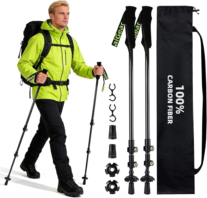 aiGear Carbon Fiber Trekking Poles, Ultra Strong Lightweight Collapsible Hiking Poles with Cork Grips Quick Flip Locks & A...