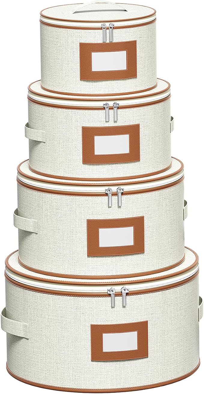 Aokeyee 4-Pack Hard Shell Dish Storage Containers with 48 Non-Woven Pads – For Plates, Dinnerware & China - Ideal for Moving & Protection, Ivory