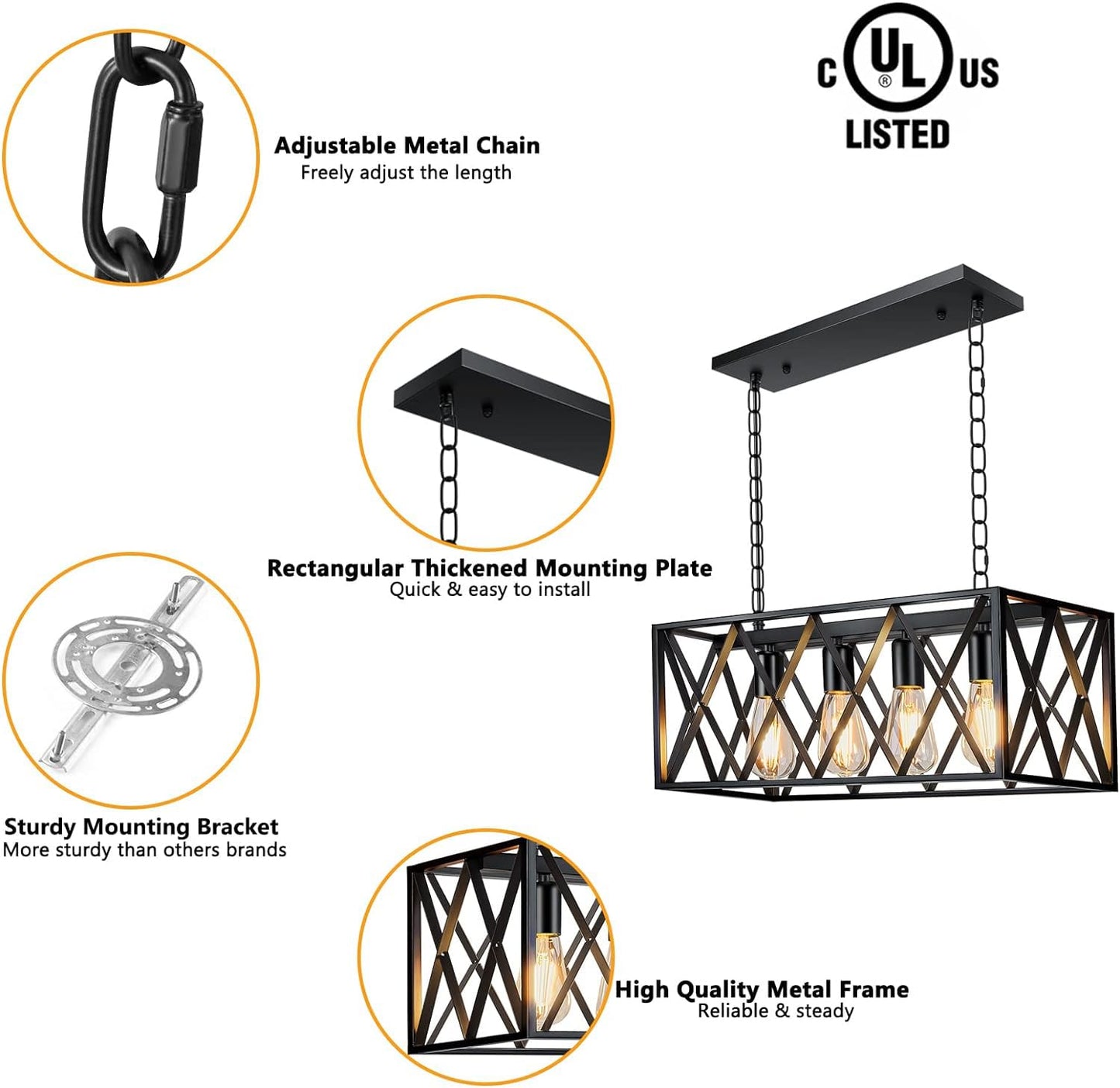 Pynsseu Industrial Kitchen Island Pendant Light, 4-Light, Rectangular, Metal, Black, Vintage Rustic