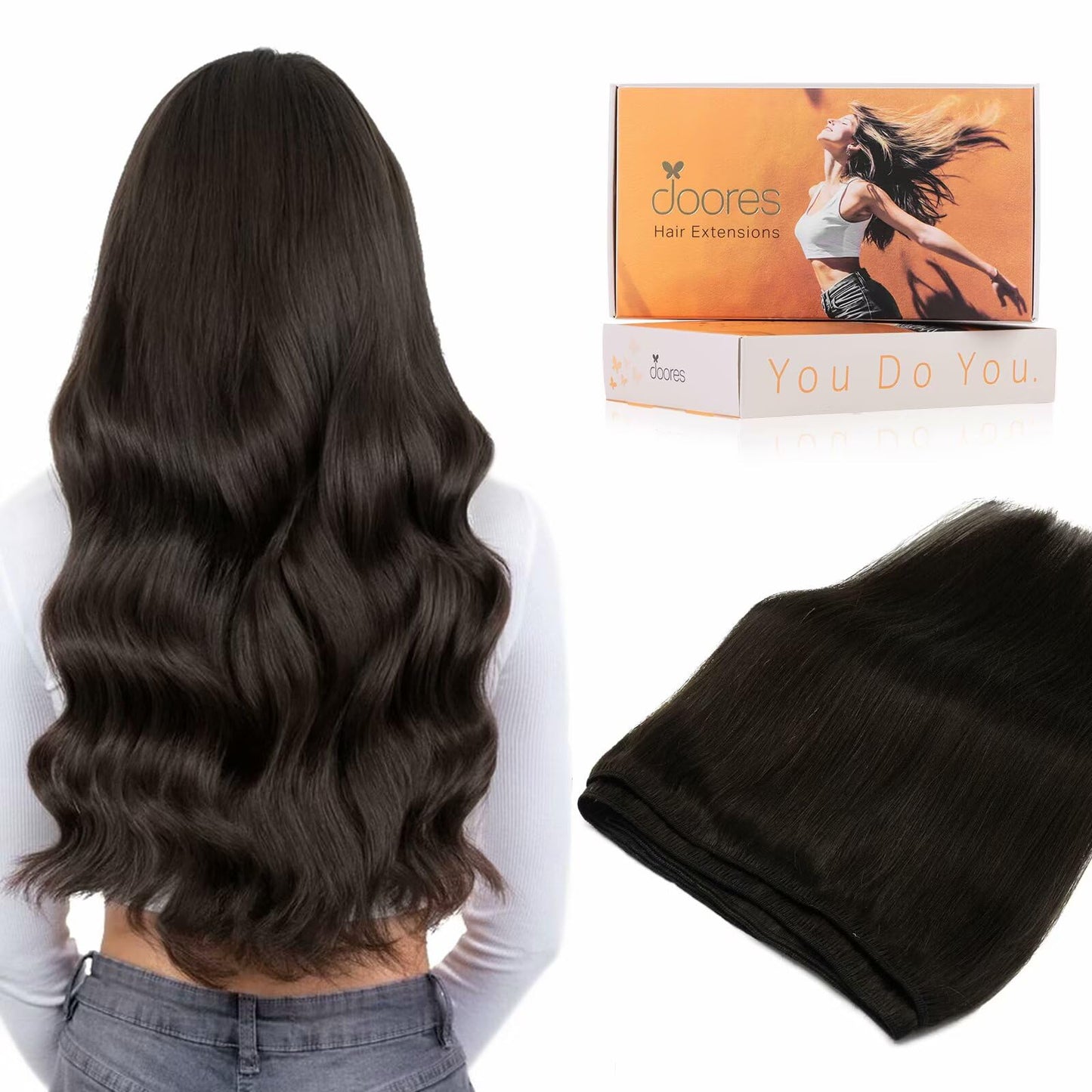 DOORES Sew in Hair Extensions Real Human Hair, Dark Brown 14 Inch 80g, Full Head Double Weft Natural Straight Extensions for Wom