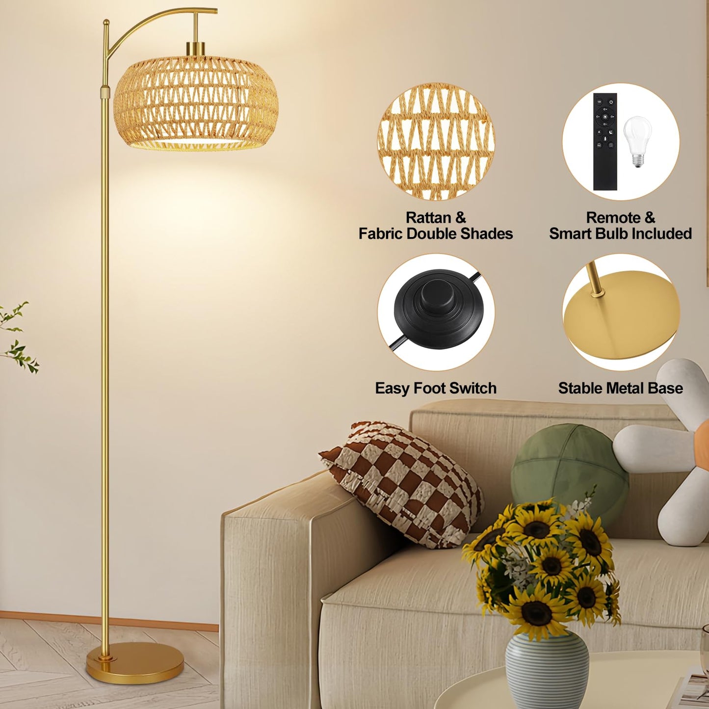 ZECOXOL Gold Floor Lamp, Dimmable Arc Design, Rattan Shade, 12.28 inch, Remote Control, Model 001, Boho Style for Living Room or Bedroom