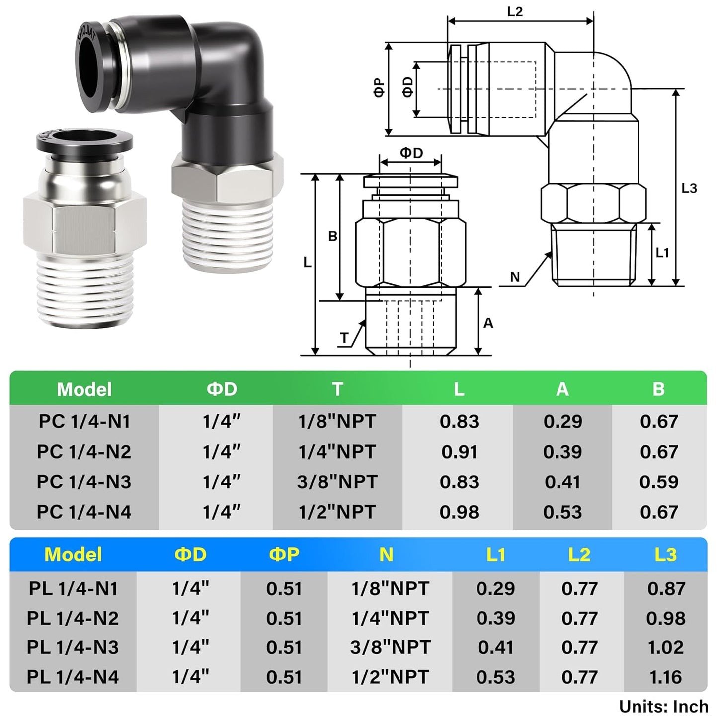 TAILONZ PNEUMATIC Elbow and Straight Combination 1/4 Inch Tube OD x 1/4 Inch NPT Thread Push to Connect Fittings PC-1/4-N2+PL-1/4-N2(Pack of 12)