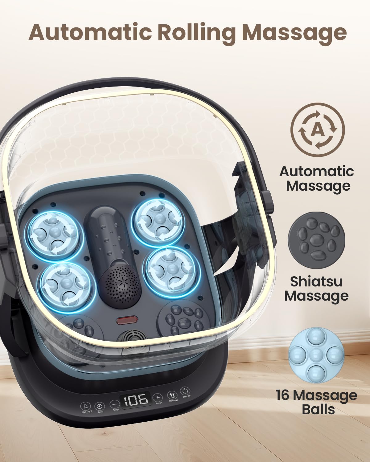 Puboo Collapsible Foot Spa Bath with Heat, Remote & Timer, 16 Massage Balls, Support Rods - Heated Pedicure Soaking Tub for Stre