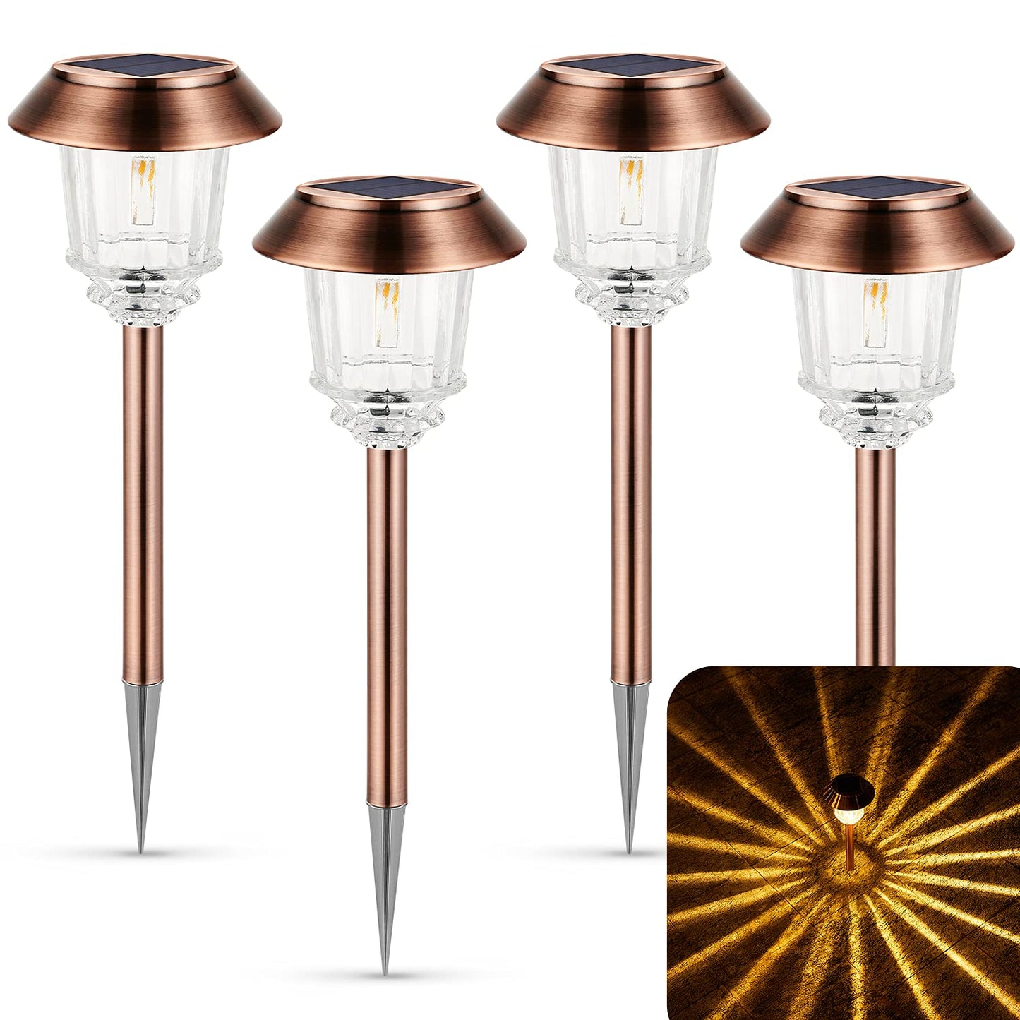 XMCOSY+ Solar Lights Outdoor LED 10-40 LM Dimmable, 4 Pack Copper Aluminum for Yard Pathway Garden Model SL-1802-00
