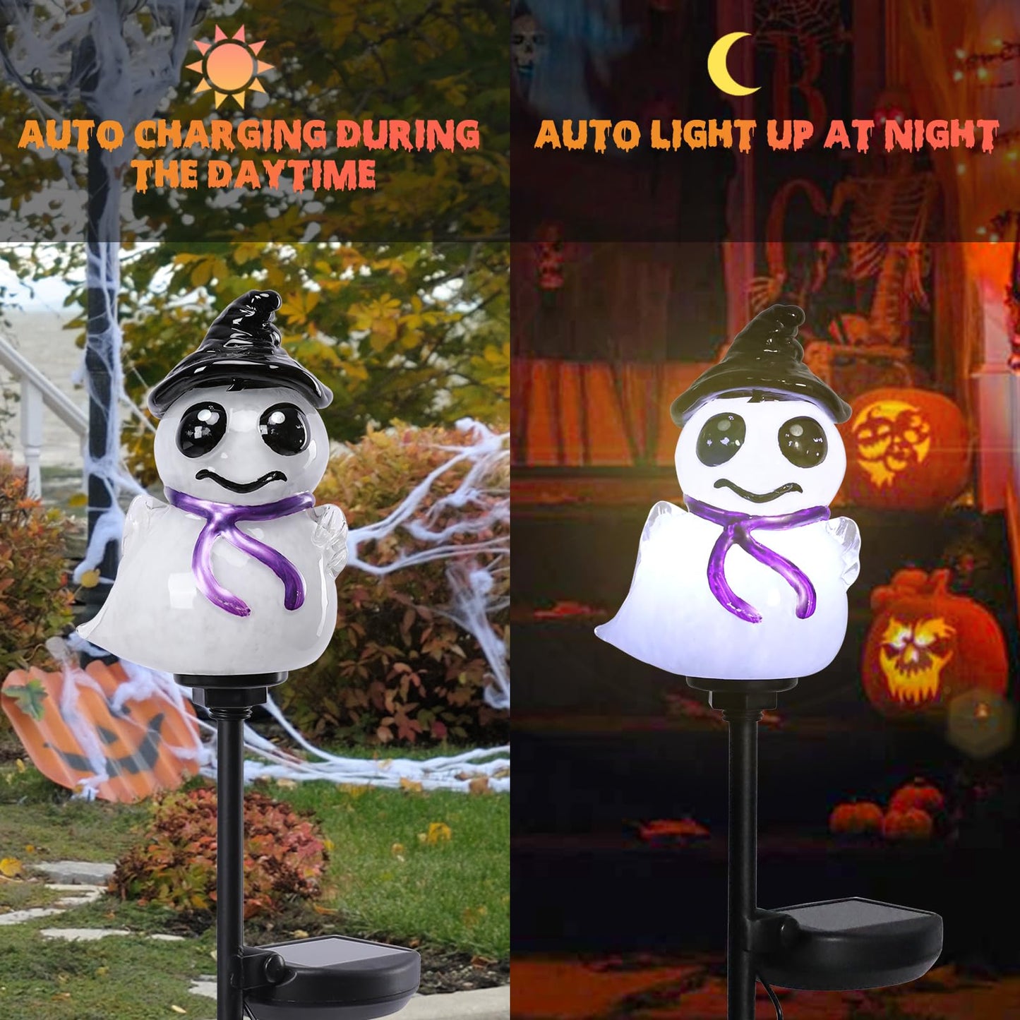 Bshine 2 Pack Halloween Ghost Solar Lights Hand Blown Glass Waterproof Outdoor Halloween Decorations Solar Led Decor