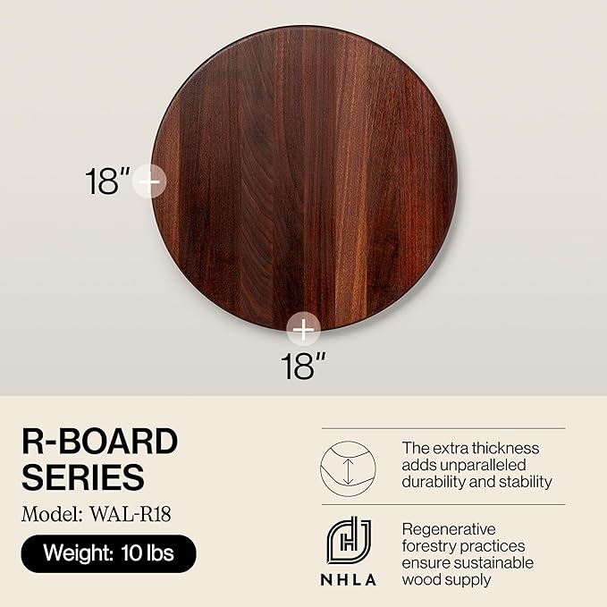John Boos R-Board Series Round Wooden Walnut Cutting Board 18”x18” – 1.5” Thick, 9.5-lb Reversible Butcher Block with Edge-Grain – Made in the USA