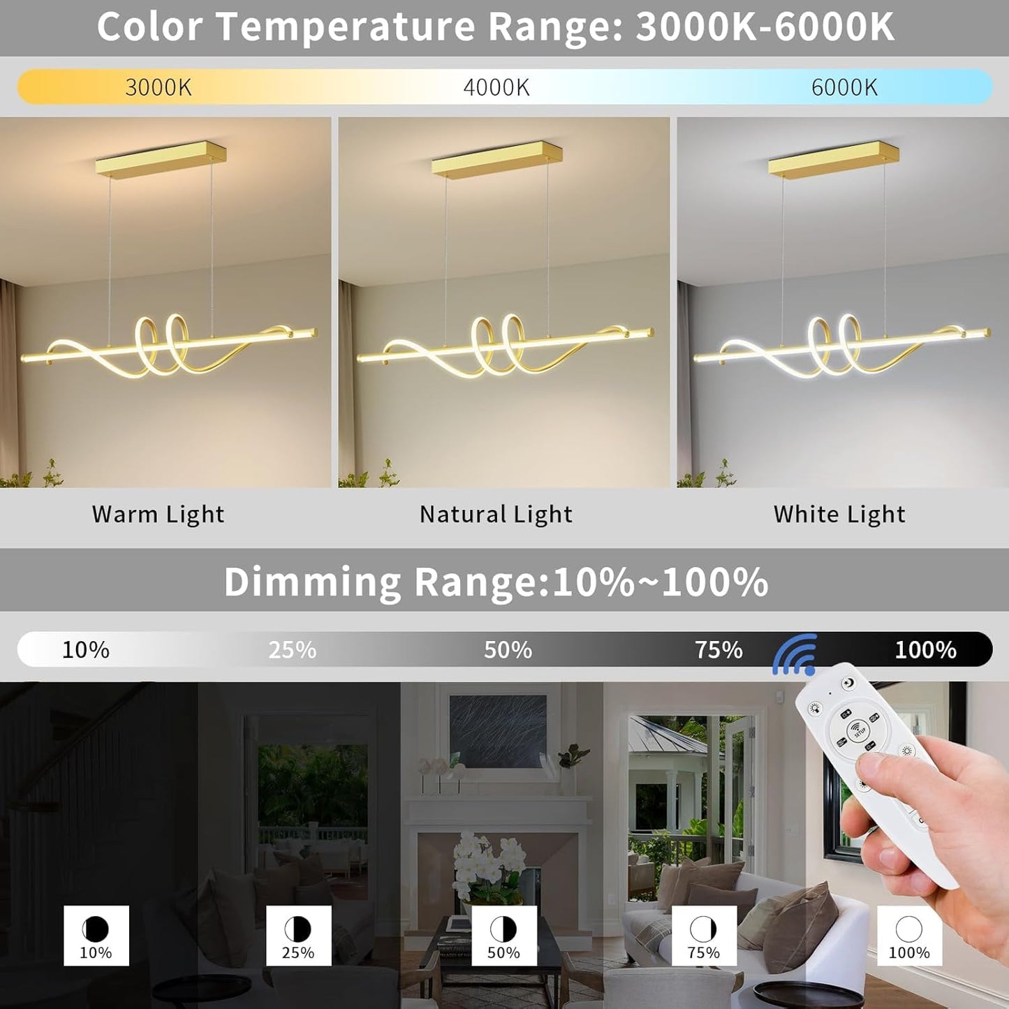 Zihoi LED Pendant Light, Dimmable with Remote, 3000K-6000K, 47in, Gold, Aluminum Chandelier for Kitchen and Dining Room