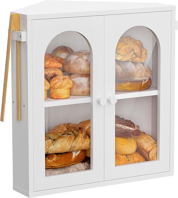 WOWLIVE Corner Bread Box for Kitchen Countertop, 2 Tier Bamboo Bread Storage Container for Homemade Bread with Clear Acrylic Door Panel, Bread Bin Farmhouse Breadbox Organizer (White, Extra Large)
