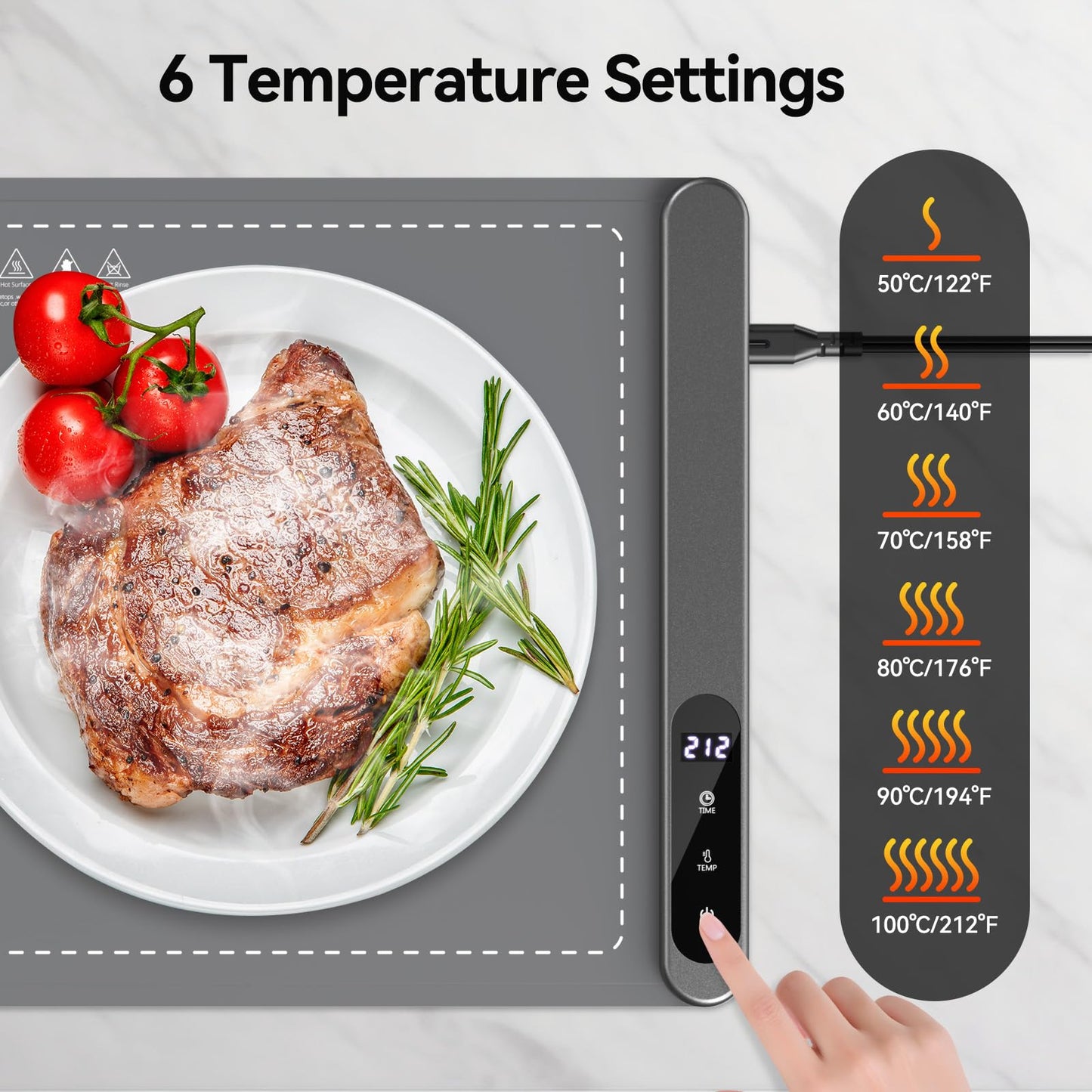 Food Warming Mat, Heating Fast Full Surface Electric Warming Tray with 6 Adjustable Temperature, 6 Hours Timer, Auto Shut-Off, Silicone Heating Mat for Food Buffet, Grey