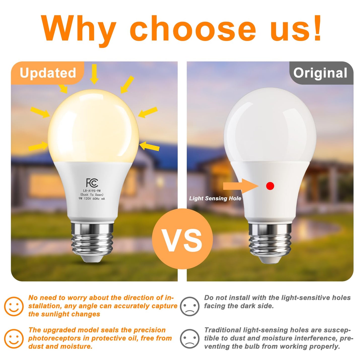 TJOY Dusk to Dawn Light Bulbs, 8 Pack, LED Photocell Bulb, 9W Energy Efficient, Soft White 2700K, E26 Base, Model QASN