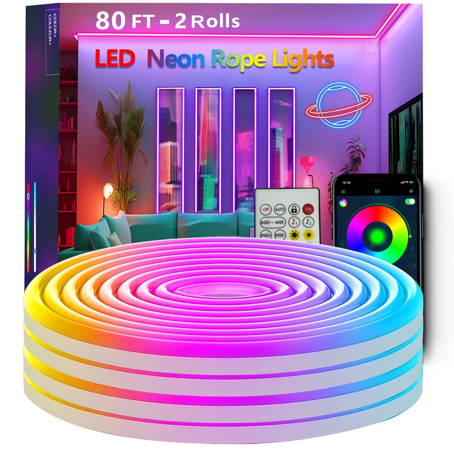 Bvokon 80FT RGB Neon Rope Lights, Flexible LED Strip with App/Remote, Music Sync, IP65 Waterproof