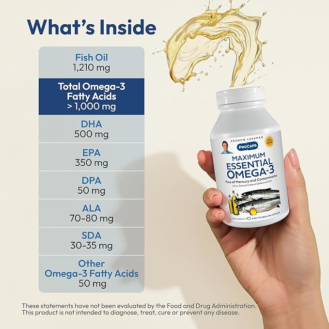 ANDREW LESSMAN Maximum Essential Omega-3 Unflavored, 360 Softgels - Ultra-Pure Omega-3 Fish Oil 1200 mg-High DHA, No Mercury Fish Oil Omega 3 Supplement-Small, Easy to Swallow Fish Oil Capsules