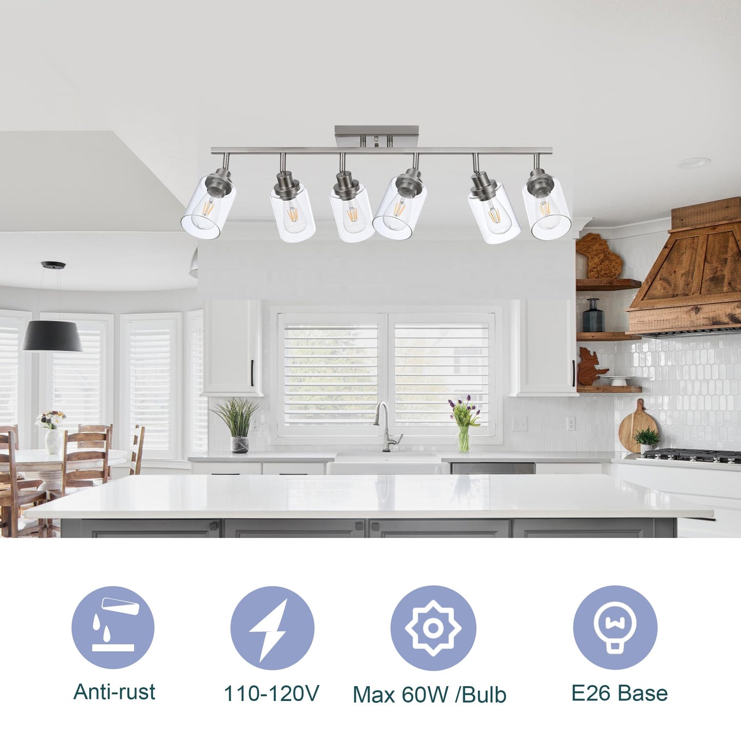 Wanluce 6 Light Track Lighting Kit Brushed Nickel Kitchen Track Lighting Fixtures Ceiling Mount Bathroom Vanity Wall Scones Light Fixture With Clear Glass  Rotatable Spotlight For Kitchen Shop Hallway