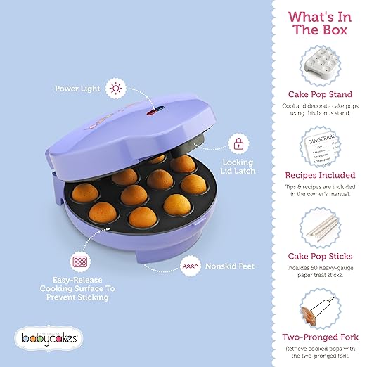 Babycakes Cake Pop Maker by Select Brands - Kit for Birthdays & More - Includes Decorating Stand & 50 Sticks - Features Non-Stick Coating - Makes 12 Cake Pops