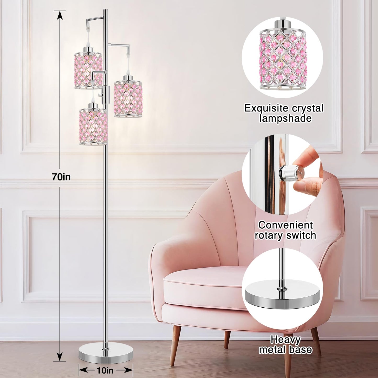 GyroVu Pink Crystal Floor Lamp, 3-Light Metal Standing Lamp, Easy Assemble, Model G-1FL-1769A
