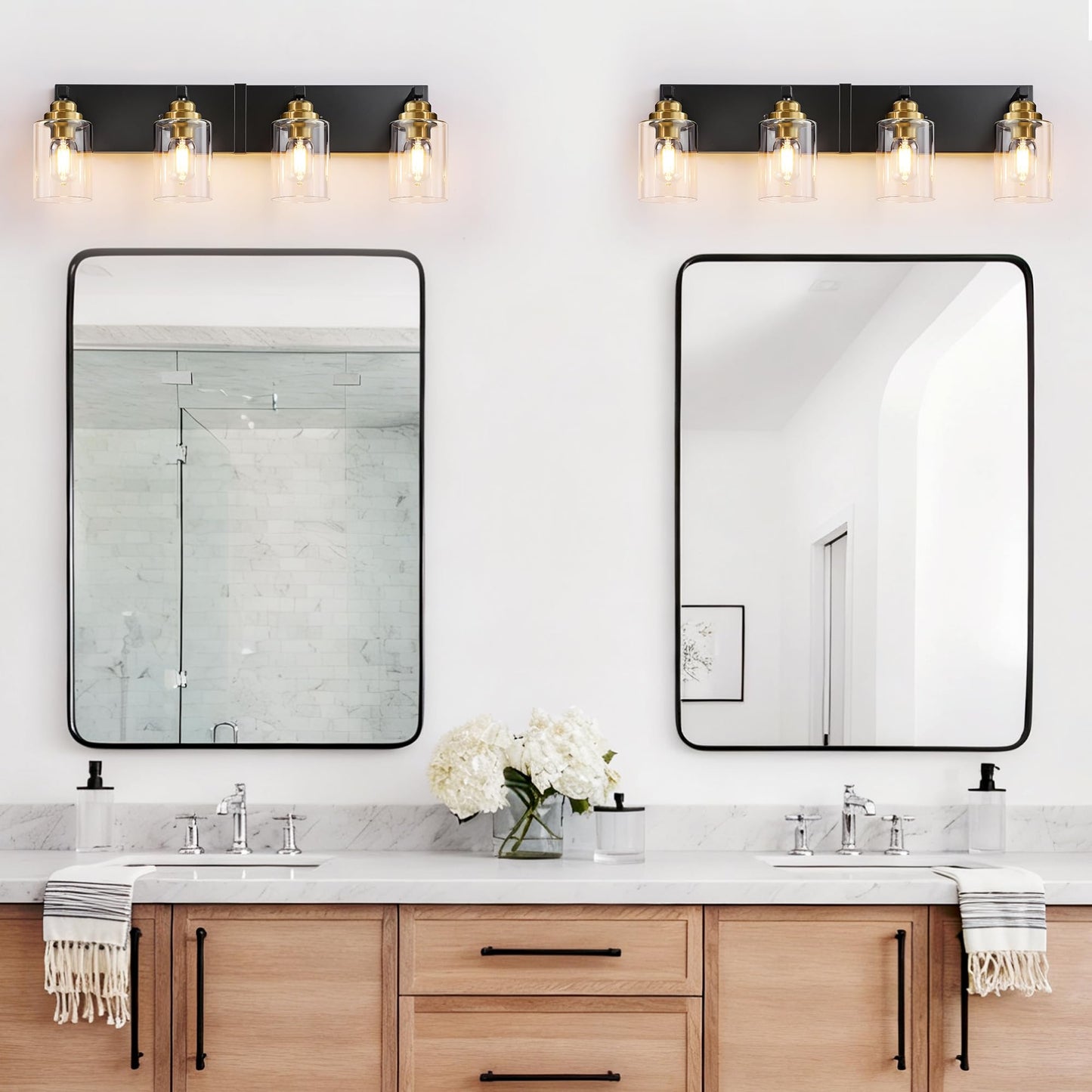 Black and Gold Bathroom Light Fixture, 4 Light Brushed Gold Vanity Light, 27.5" Modern Farmhouse Bathroom Lighting Fixtures Over Mirror, with Clear Glass Shade, Vanity Lights for Bedroom Hallway