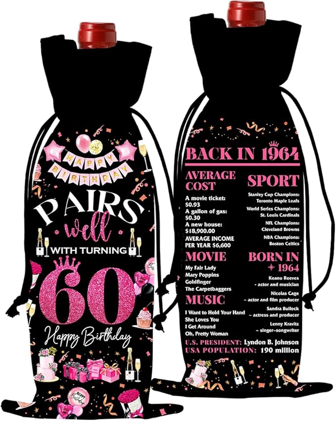 60th Birthday Gifts for Women Men Wine Bag, Cool Gifts for 60 Year Old Woman, 60th Birthday Party Decorations for Woman Men, Pairs Well with Turning 60 Wine Bags (Black Pink)