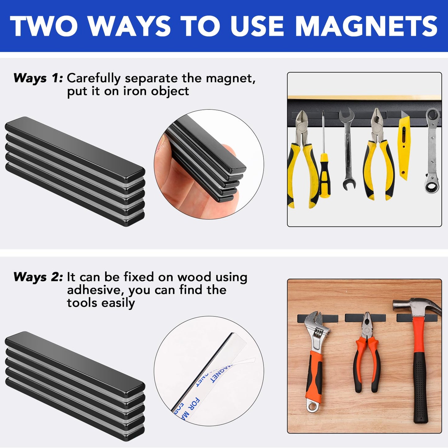 MIKEDE Magnets, 9 Pack Strong Neodymium Bar Magnets with Adhesive Backing, Rare Earth Fridge Magnet Heavy Duty, Metal Powerful Black Magnet for Craft, Whiteboard, Garage, Kitchen - 60x10x3 mm