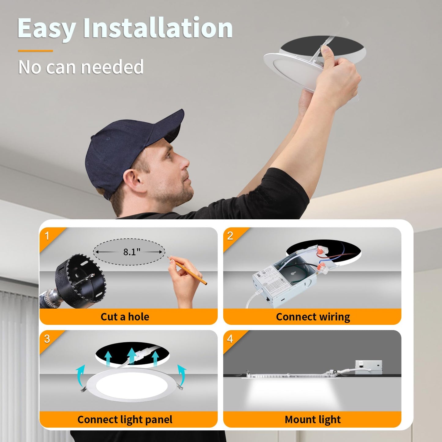 LZHOME 8 Inch Recessed LED Light: 18 Packs Ultra Thin LED Recessed Lighting with Junction Box, 3000K/4500K/6000K Selectable, 2700K-5000K, High Brightness 1800LM Dimmable Canless LED Downlight