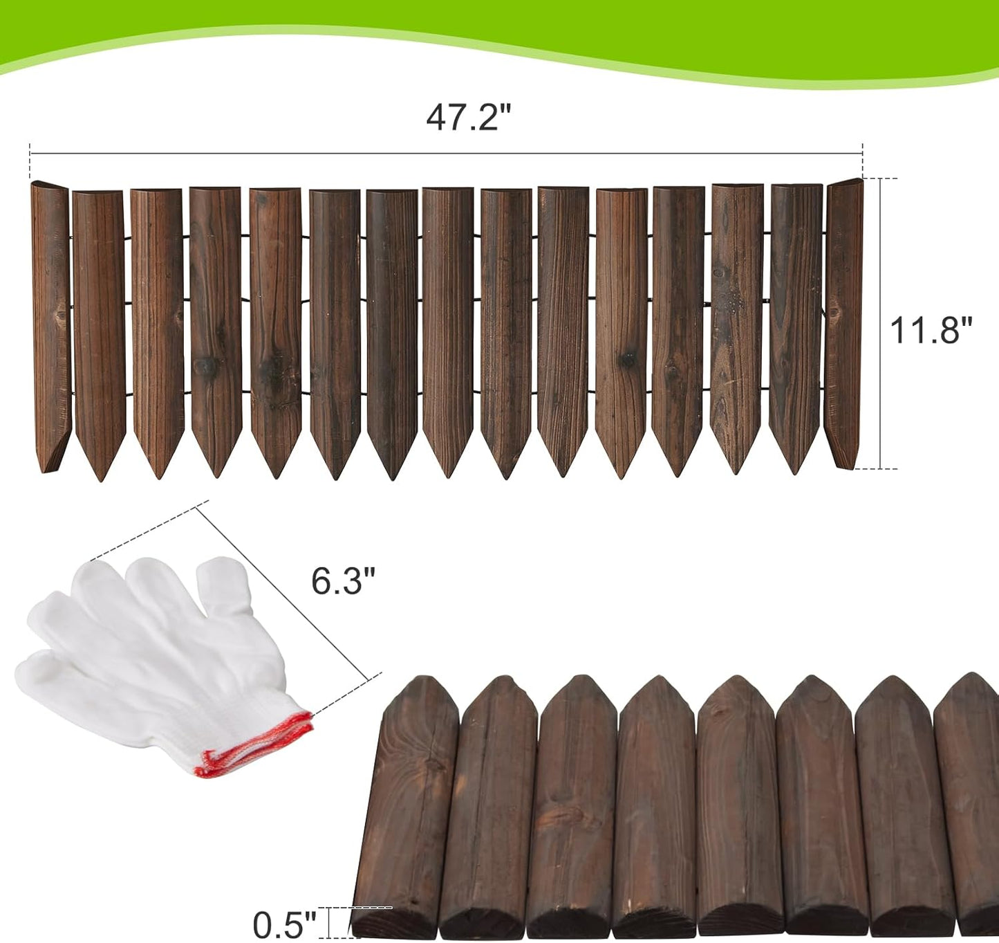 Wood Garden Edging Border Wooden Short Fence Landscape Edging Anti Corrosive Lawn Fence Border with Gloves Decorative Flower Bed Border for Yard Patio Pathway Tree Outdoor-47.2" L X 11.8" H (1PACK)