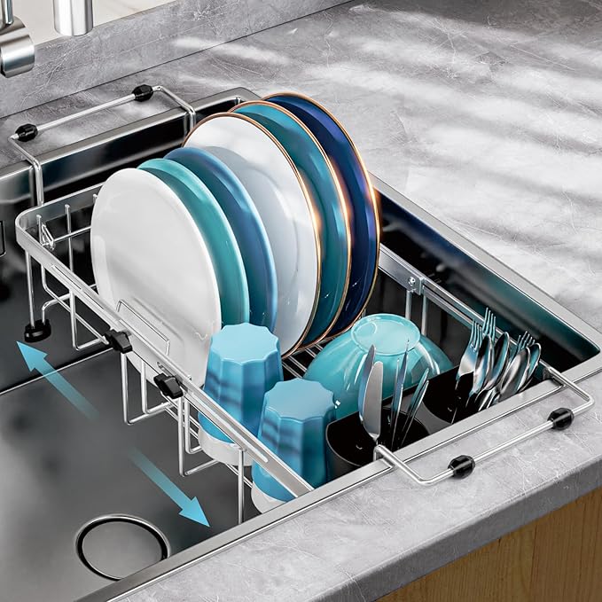 GSlife Small Sink Dish Drying Rack - Stainless Steel Capacity Extendable Narrow Dish Drainer for RV Sink Apartment Kitchen, 11.9"-16.7" L x 9" W x 5.7" H, Silver