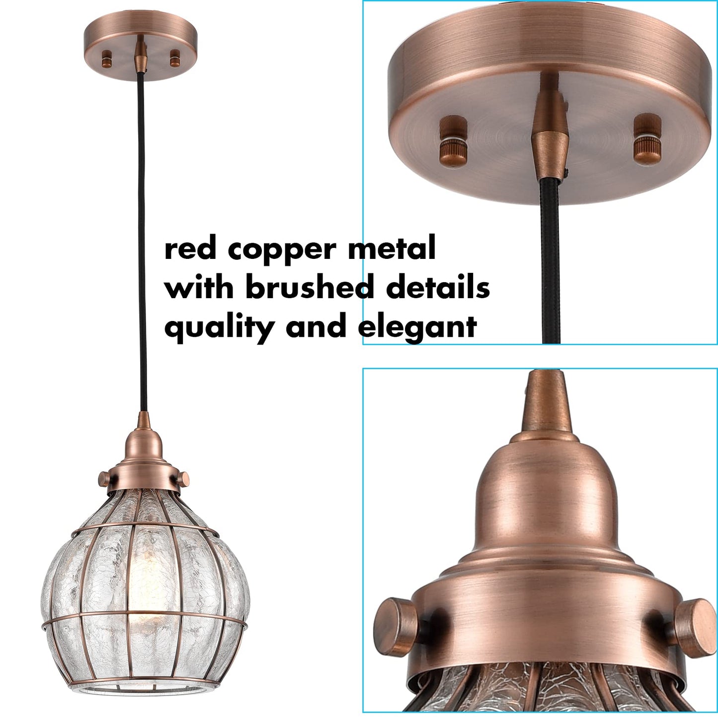 Yubole Vintage Pendant Light Fixture - Rustic Copper -  ed Glass Shade - Model Tb2020Du - Ideal For Kitchen Island, Antique Red Finish