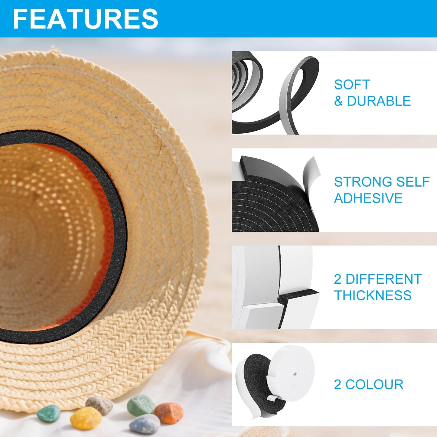 Teraves 2 Pack Hat Size Reducer Tape Roll 80", Hat Sizer Insert Reducing Self Adhesive Foam Filler Tape, Accommodates All Hat Styles, 0.12 Inch and 0.2 Inch Thick, Black and White