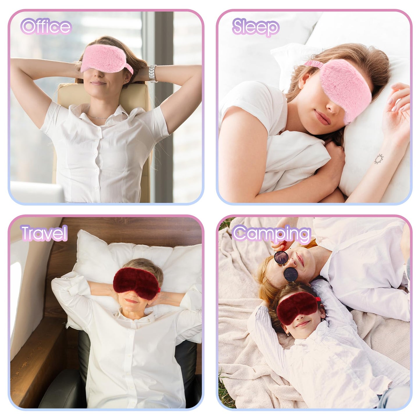 2 Pcs Plush Eye Mask Soft Sleeping Blindfold Eye Cover Comfortable Furry Faux Fur Sleeping Mask Satin Nap Night Eyeshade Cover for Women Men Gift (Pink, Red)