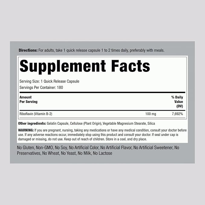 Piping Rock Vitamin B2 100mg | 180 Capsules | Riboflavin | Vegetarian, Non-GMO, Gluten Free Supplement