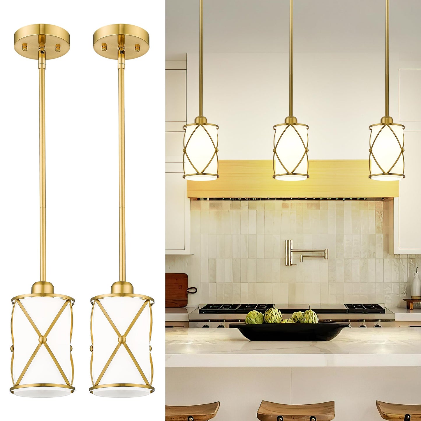 Osimir Pendant Lights, Modern 2-Pack, Brushed Gold with Frosted Glass, 1-Light, CH9176, Farmhouse Style for Kitchen Island or Dining Room