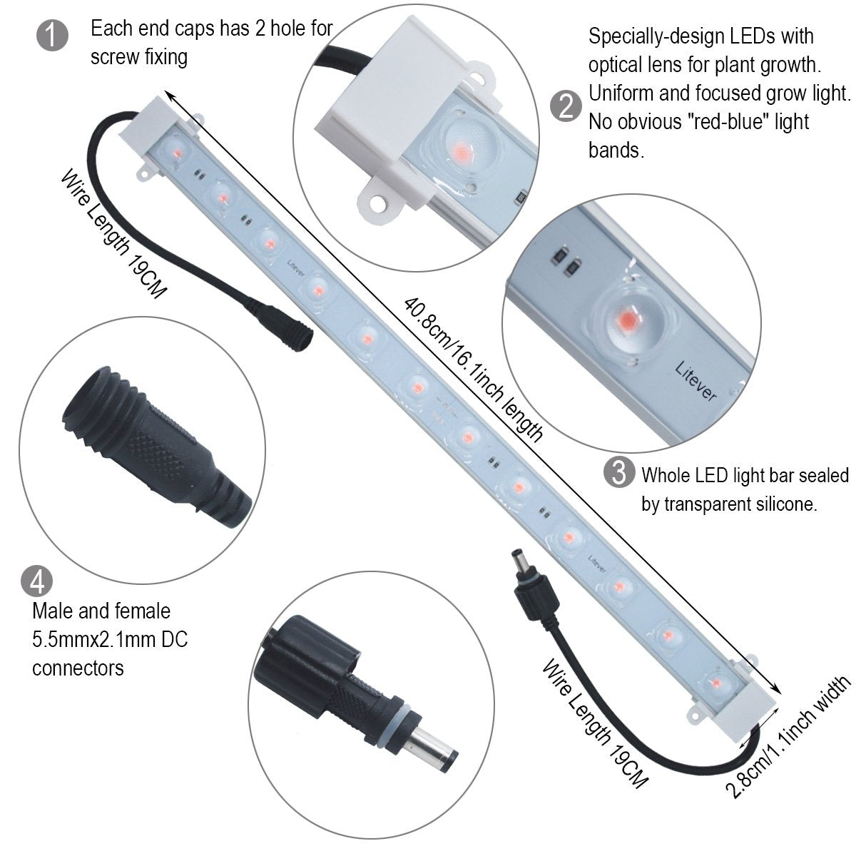 Litever Grow Light Strip Kit 45W, 4 pcs 16in LED Strips, Aluminum, Small, Grow Light, Model LL-GLS-4S