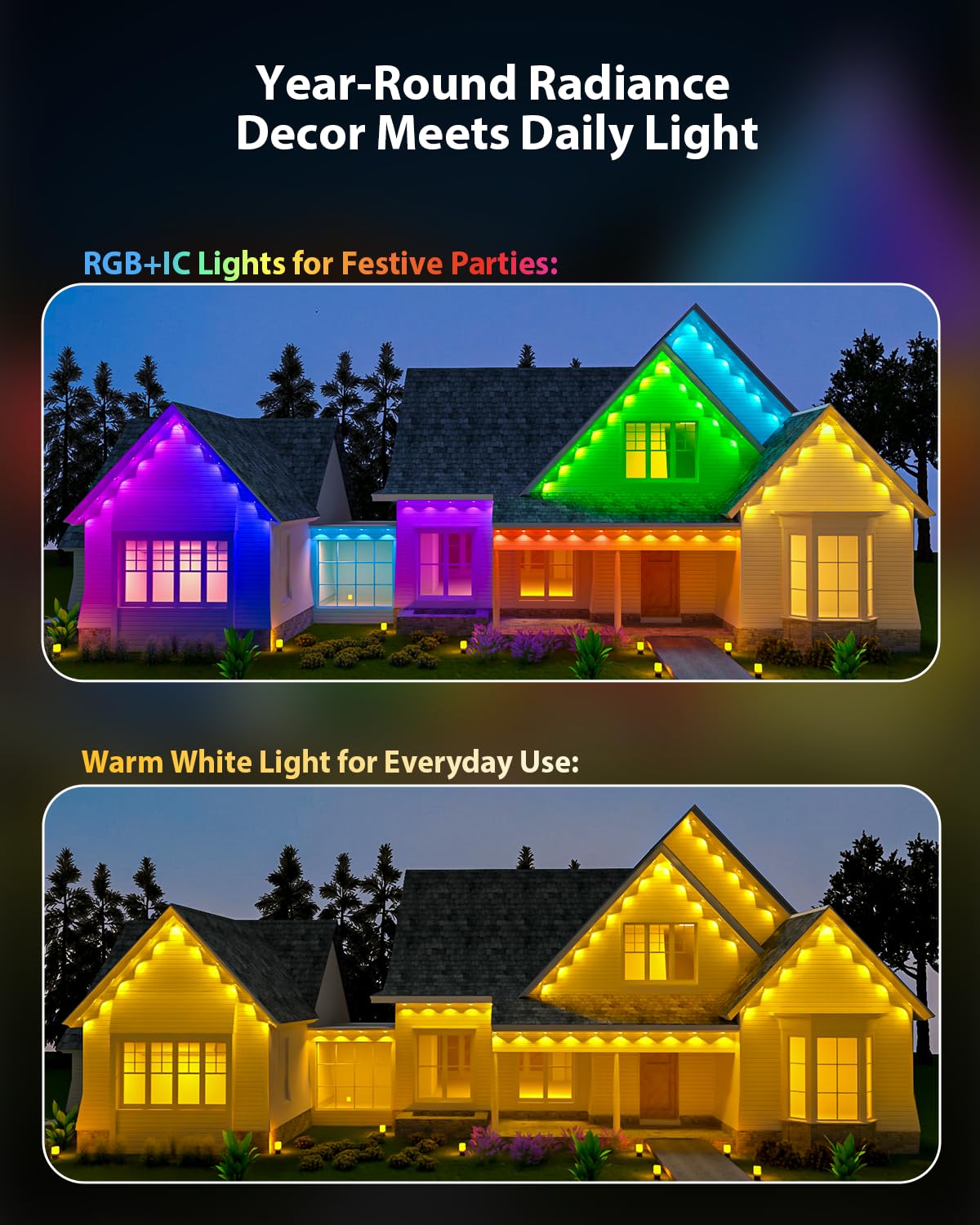 Tropwellhouse Permanent Outdoor Light Pro  100Ft With 72 Rgb+Ic Led Lights  90 Scene Modes  Ai Light Design  Ip67 Waterproof For Halloween Christmas Decor And Daily Lighting  Work With Alexa  Google
