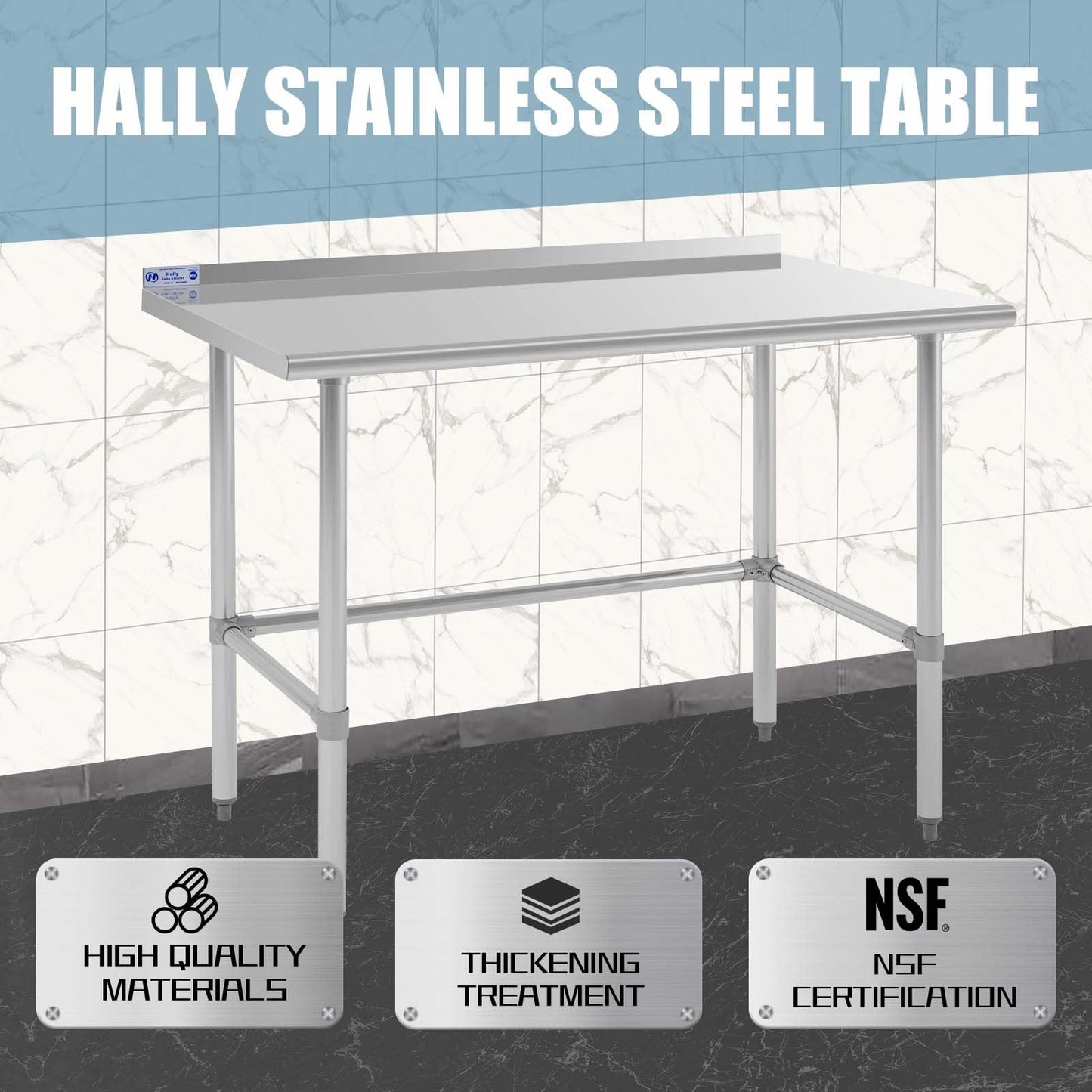 Hally Open Base Stainless Steel Table 30 x 48 Inches, NSF Commercial Heavy Duty Prep & Work Table with Backplash and Galvanized Legs for Restaurant, Home and Hotel