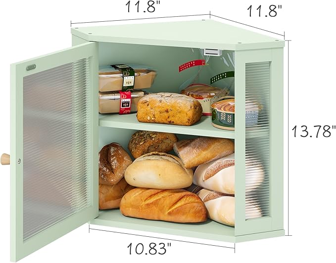 Corner Bread Box for Kitchen Countertop, Bamboo Wood Black Bread Box, Large Capacity Bread Storage Bin with Acrylic Wavy Door Panel