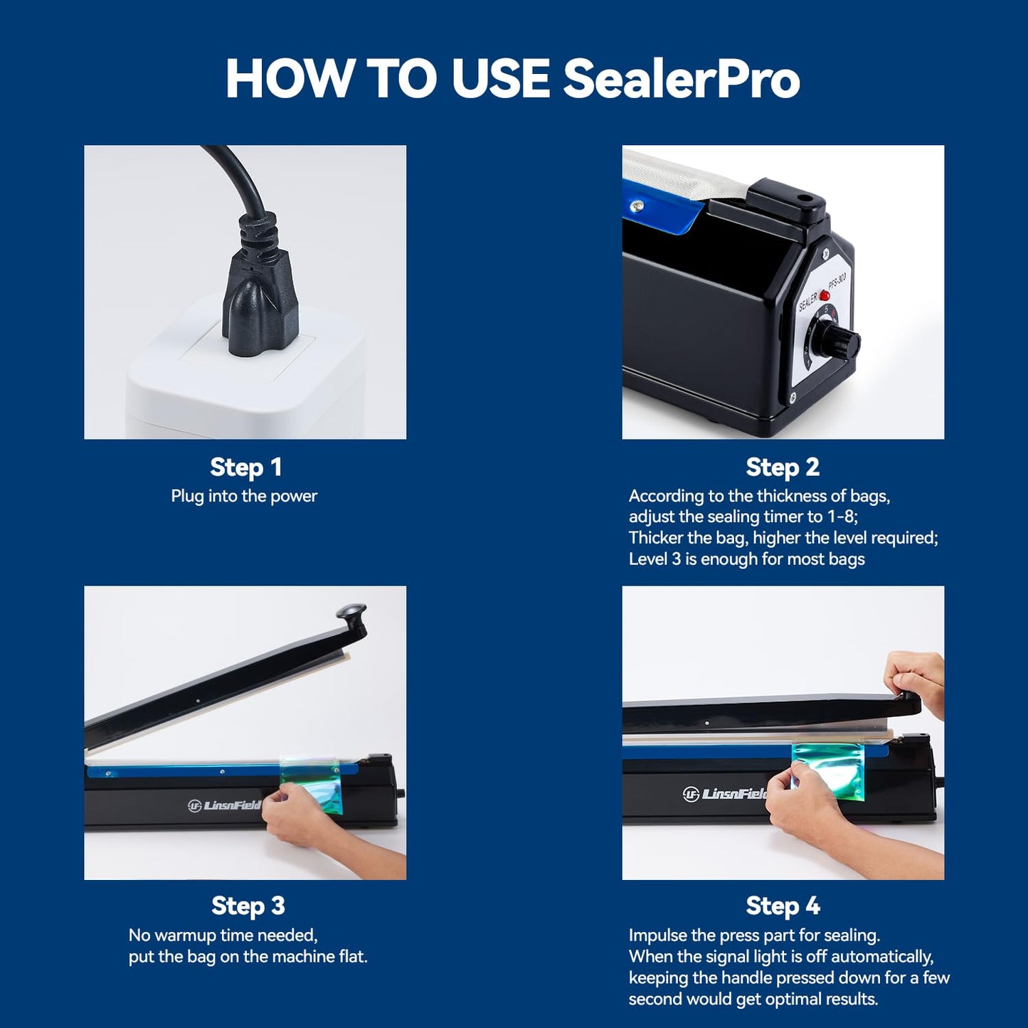 LinsnField Sealer Pro, Patented 12inch Impulse Heat Bag Sealer, 7mm Sealing Width Poly Bag Seal Machine, 2 Replacement Kits 2 Fuses Included, Blue