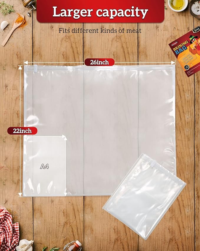 Turkey Brine Bags, 26"×22", 2 Pack, Holds up 35lbs, Thicker Brining Bags with Double Zip Lock & 2 Cotton Strings, Extra Large Brine Bag Fits for Turkey, Chicken, Beef, Fish, Lamb, Pork