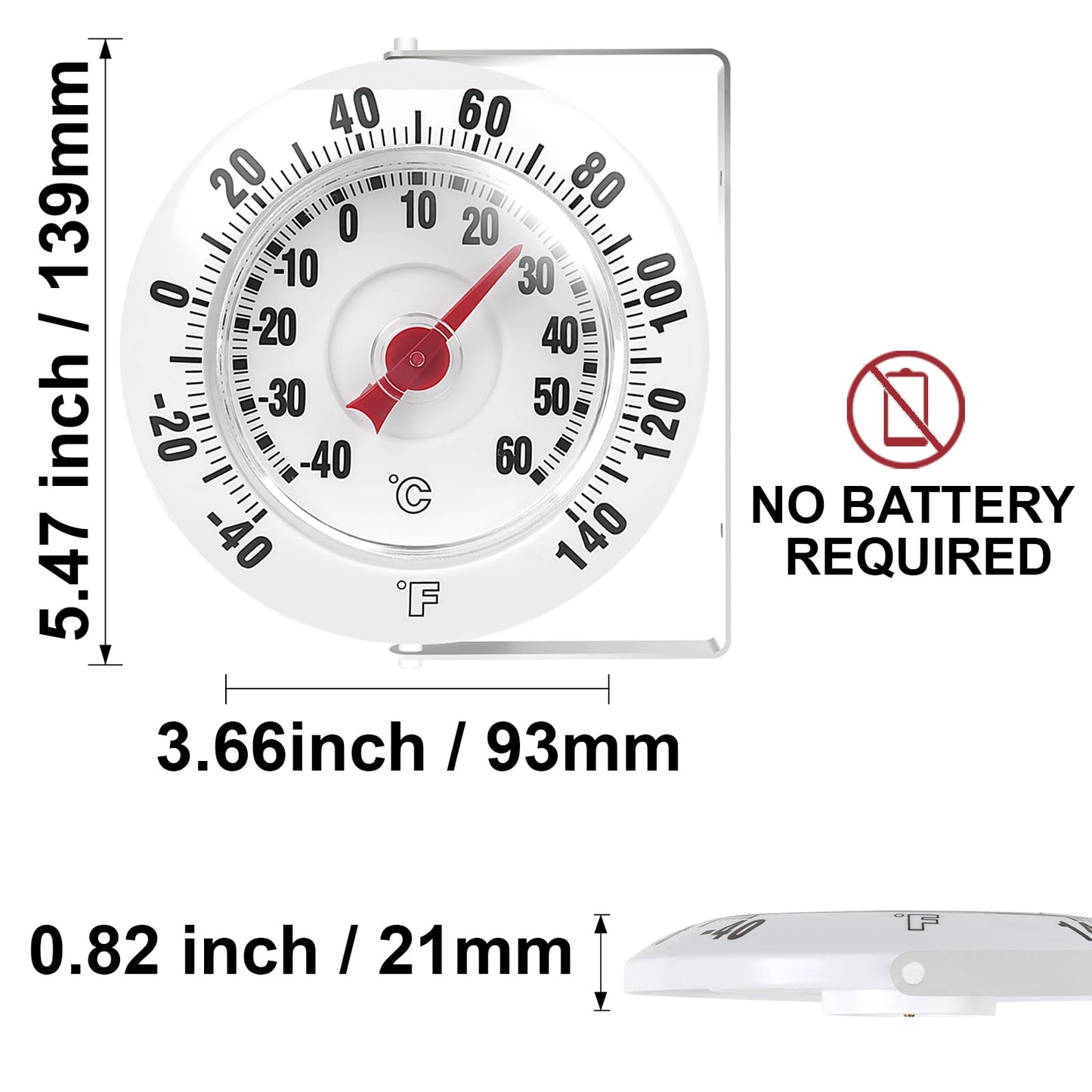 CloudHand Outdoor Wall Thermometer for Patio & Garden, 3.66" Easy-Read Dial, -40–60°C / -40–140°F Dual Scale, Weather-Resistant Housing, 360° Adjustable Bracket, Battery-Free Temperature Gauge