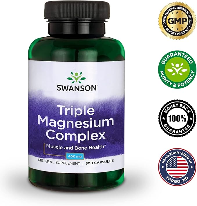 Swanson Triple Magnesium Complex - Mineral Supplement - Natural Support - Featuring Citrate, Oxide & Aspartate - (300 Capsules, 400mg Each,) (4 Pack)