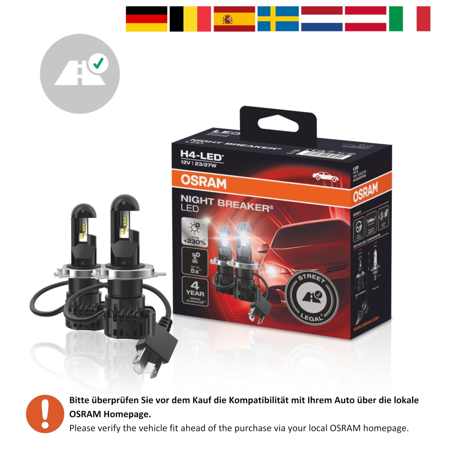 Osram Night Breaker H4 Led Bulb - 230% Brighter, Legal Low/High Beam, Black, Model 64193Dwnb