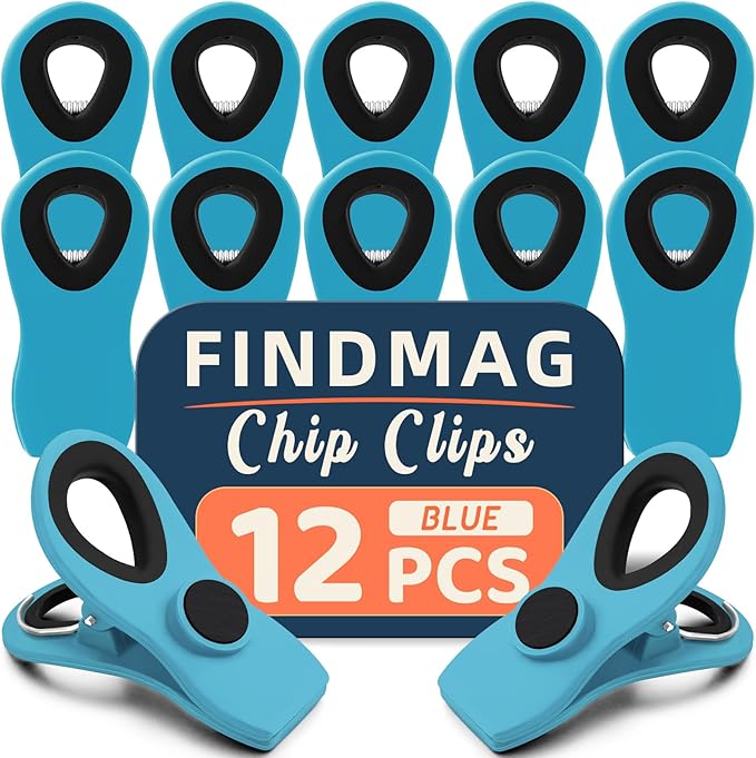 FINDMAG 12 Pack Chip Clips, Big Food Clips Blue Magnetic Clip, Magnetic Bag Clip with Airtight Seal for Chips, Bread, Snacks, Fridge Organize, Kitchen Storage, Note