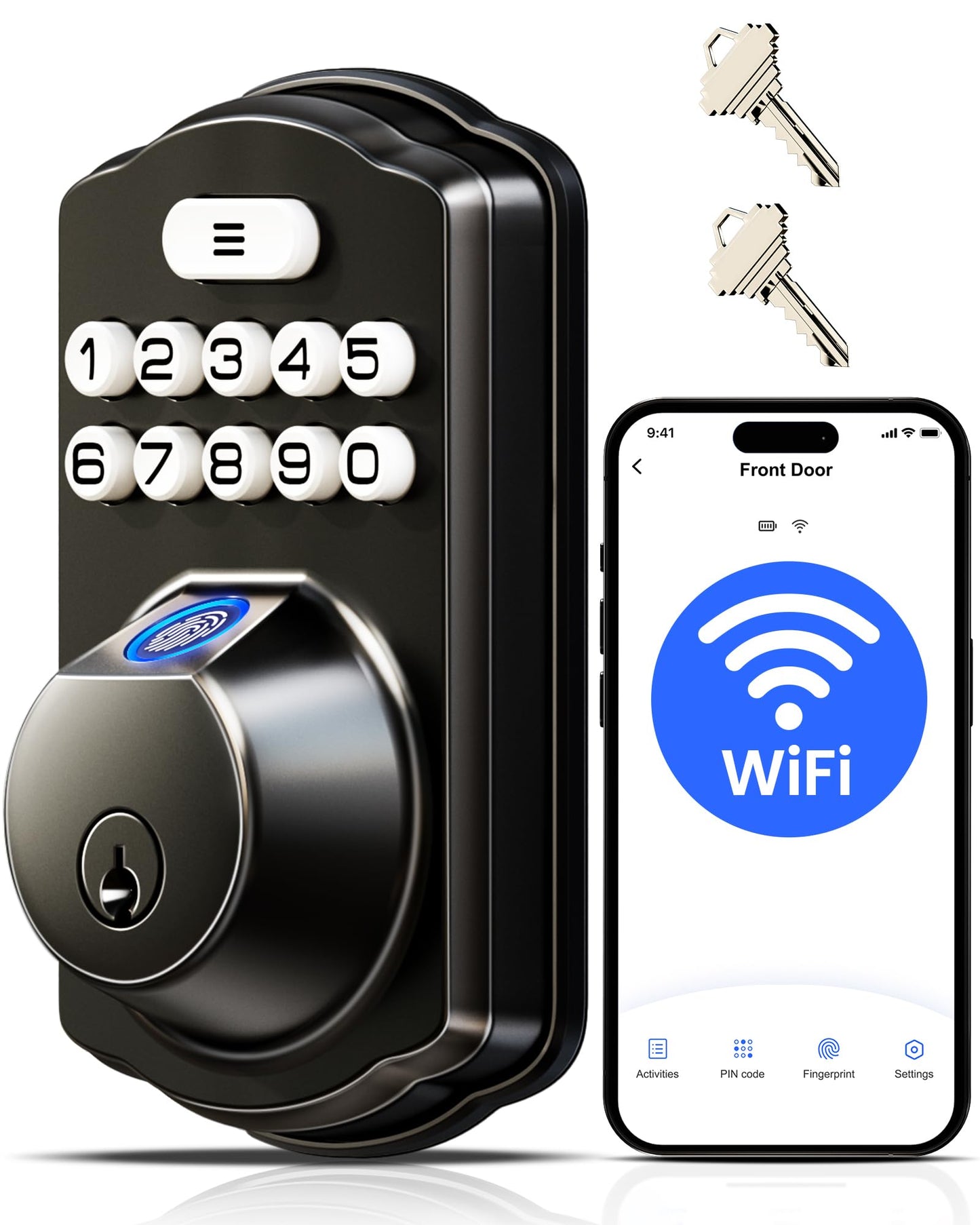 Veise VE012W Built-in WiFi Fingerprint Smart Lock, App Remote Control, No Hub Needed, Keyless Entry, Front Door Smart Deadbolt, Digital Keypad, Auto Lock, IP55 Waterproof, BHMA Grade 3, Matte Black
