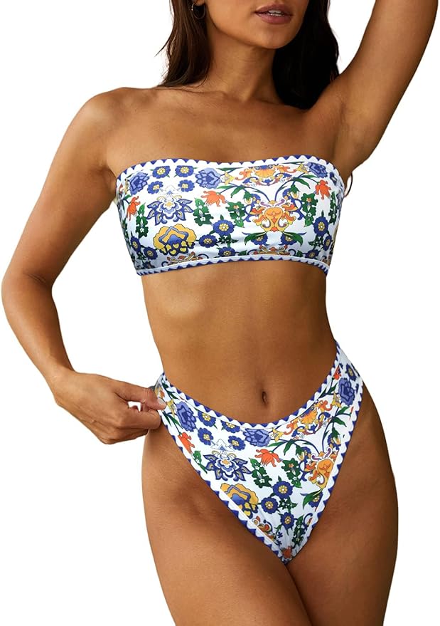 ZAFUL Women Strapless Textured Bandeau Bikini 2 Piece Swimwear Cheeky Solid Lace up Bathing Suits