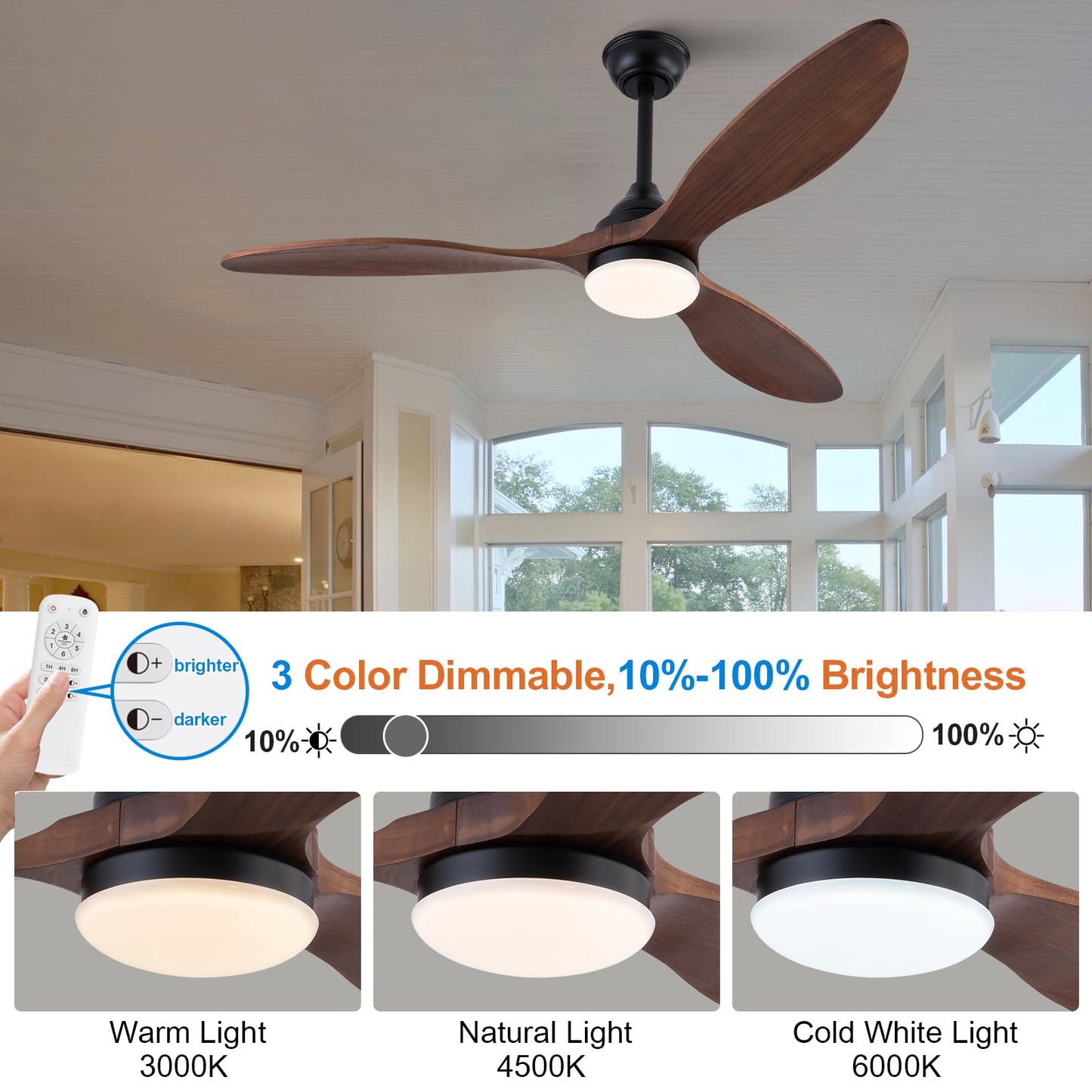 BOJUE 52 Inch Ceiling Fan with Light, Dimmable LED, Walnut Wood cutting edges, Indoor Outdoor Use