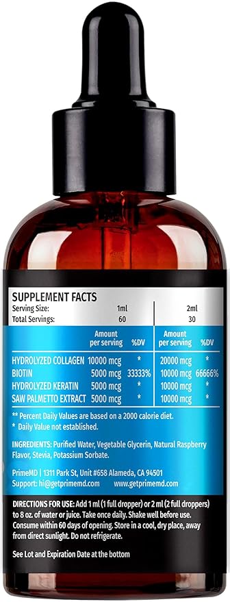 Liquid Collagen Peptides for Women - Serum Complex with Biotin Vitamin, Hydrolyzed Keratin Protein and Saw Palmetto - Comprehensive Formula for Hair, Skin, and Nails Wellness - 2fl oz (Pack of 2)