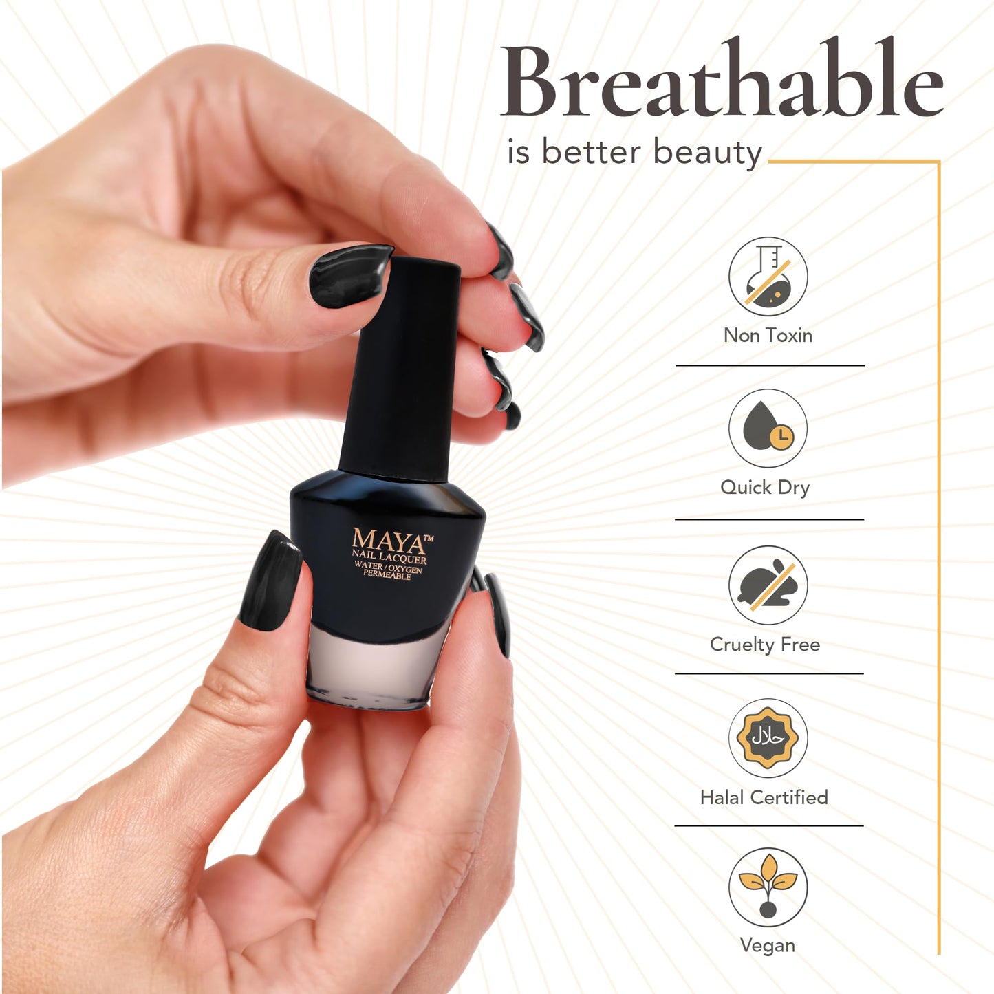 MAYA Black Gel Nail Polish - Quick Dry, Non-Toxic, Breathable & Cruelty-Free Nail Art DIY Manicure, Certified Halal Nail Kit - 0