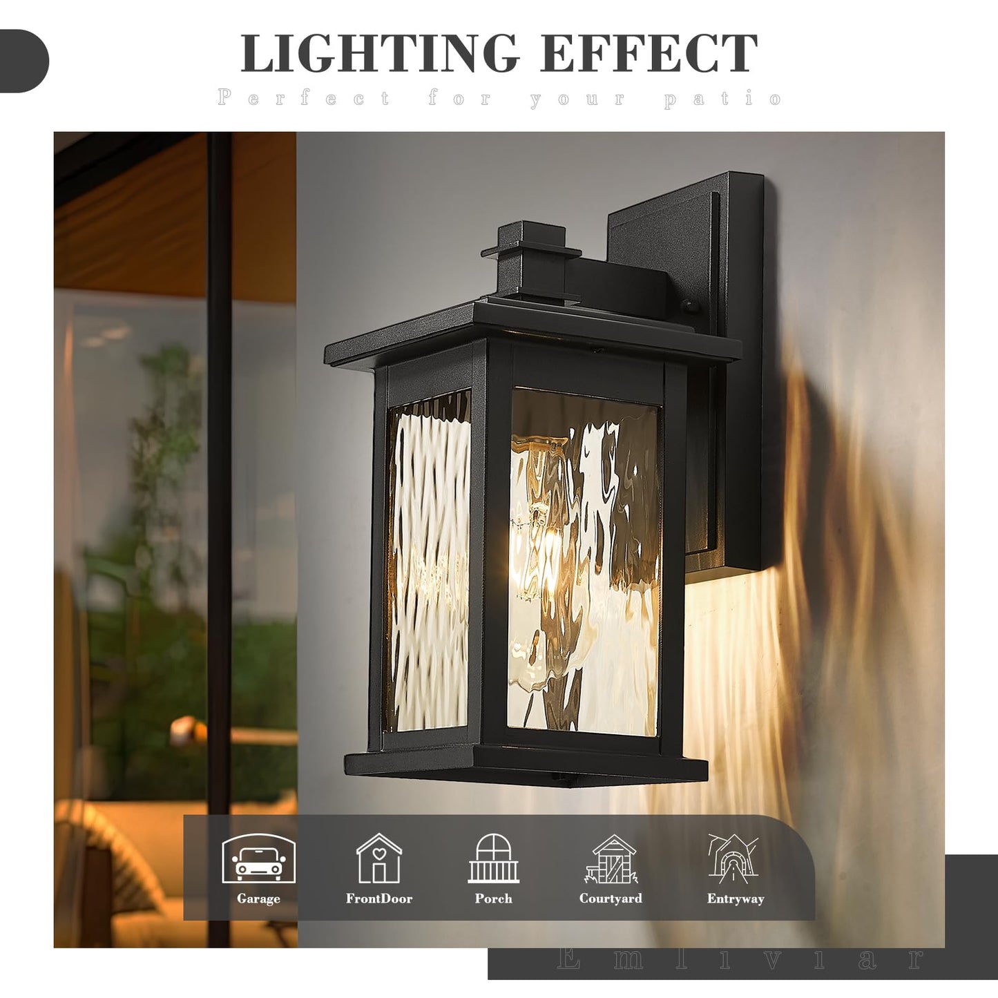Emliviar Outdoor Wall Light, Modern Design, Water Ripple Glass Shade, Aluminum, Medium Size, Black Finish, Model 1803EW1-WP BK