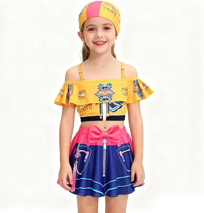 Phelgox Little Girls Two-Piece Swimsuit with Swim Cap Demon Hunter Merch Costume Swimwear for Bathing Suits