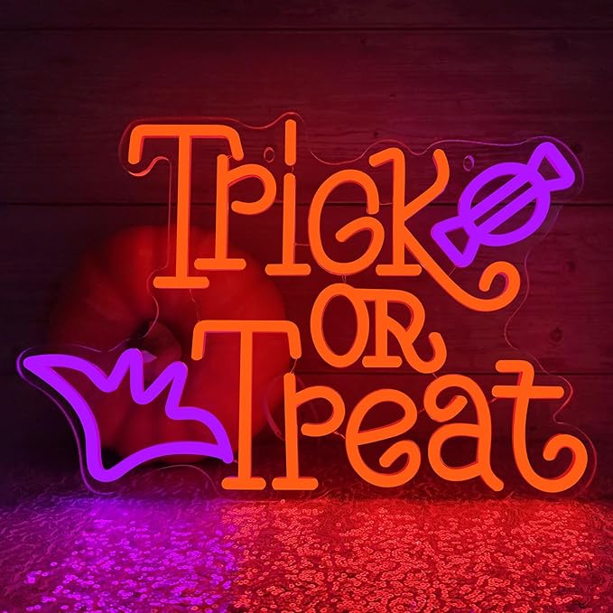 Trick or Treat Neon Sign for Wall Decor Dimmable LED Neon Halloween Light for Wall Decor, LED Halloween Light Up Sign Deco...